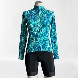 Shebeest Long Sleeve Cycling Jersey | Blue Green Water Print Full Zip